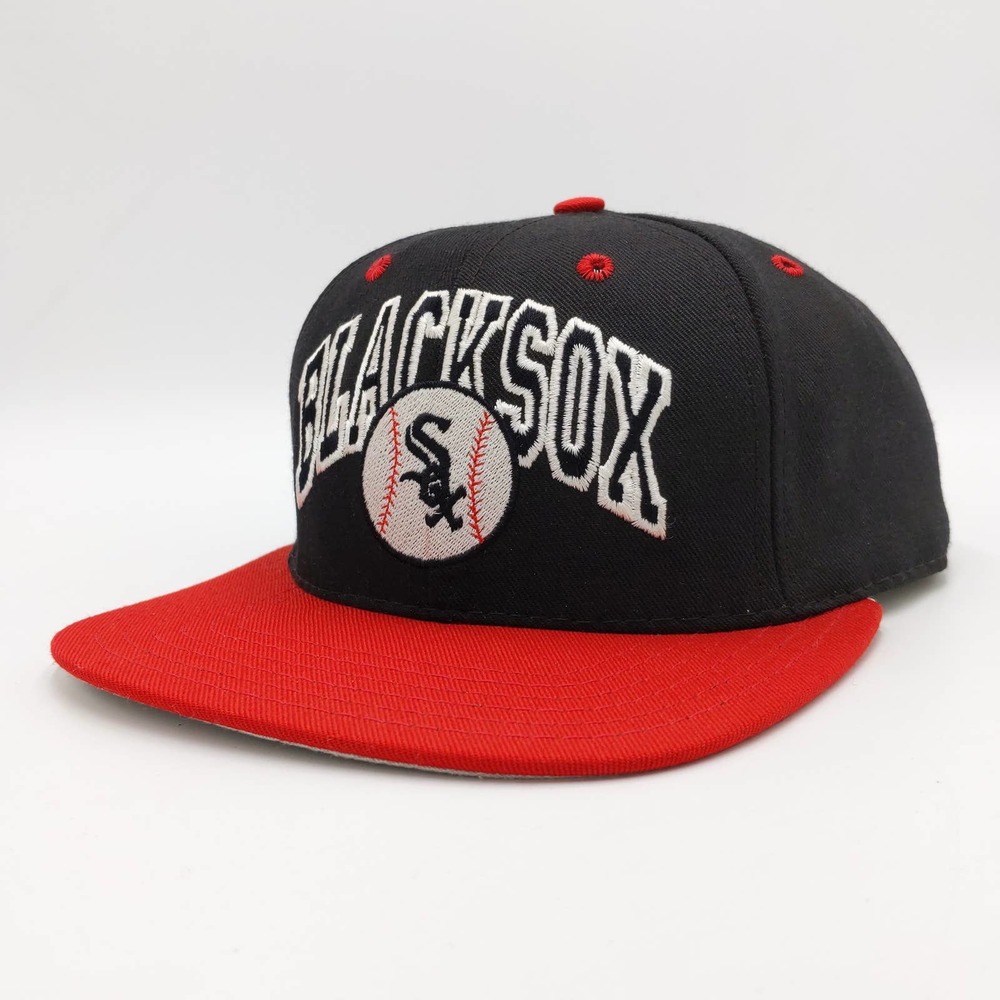 Black Sox Snapback Trucker Hat Baseball Cap Two Tone Red Black Vintage USA L/XL
